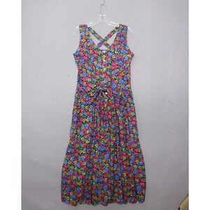 Vintage Erika Dress Floral Midi Cross Back Pockets Cottage Core Prairie Boho 90s